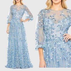 Mac Duggal 79399 Size 4 Blue Floral‎ Embroidered Puff Sleeve A-Line Gown Dress